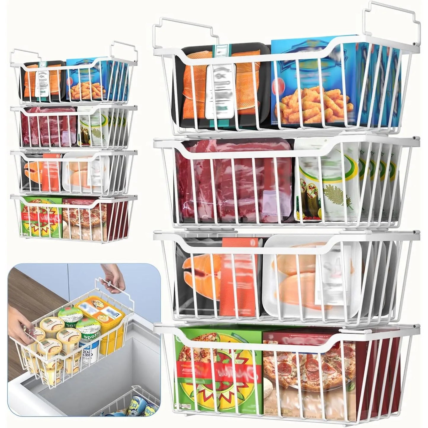 VANCASTLE Stackable Freezer Organizer Bins with Foldable Handles for Efficient Storage in 3.5-7 Cu.Ft Deep Chest Freezers, Coated Metal Design for Enhanced Space Utilization