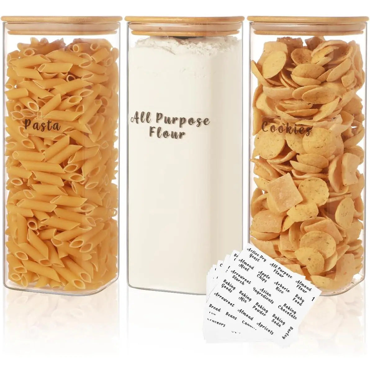 Set of 6 Square Glass Pantry Storage Containers with Airtight Lids and 248 Preprinted Clear Pantry Labels - 37 Oz Thick Glass Jars for Coffee, Cookies, and Sugar