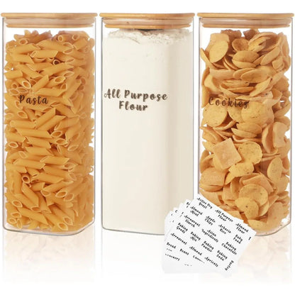 Set of 6 Square Glass Pantry Storage Containers with Airtight Lids and 248 Preprinted Clear Pantry Labels - 37 Oz Thick Glass Jars for Coffee, Cookies, and Sugar