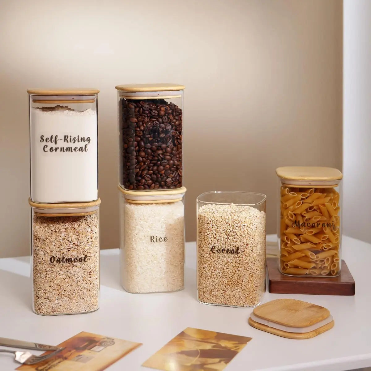 Set of 6 Square Glass Pantry Storage Containers with Airtight Lids and 248 Preprinted Clear Pantry Labels - 37 Oz Thick Glass Jars for Coffee, Cookies, and Sugar