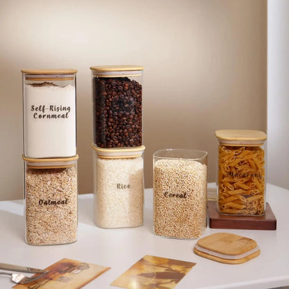 Set of 6 Square Glass Pantry Storage Containers with Airtight Lids and 248 Preprinted Clear Pantry Labels - 37 Oz Thick Glass Jars for Coffee, Cookies, and Sugar