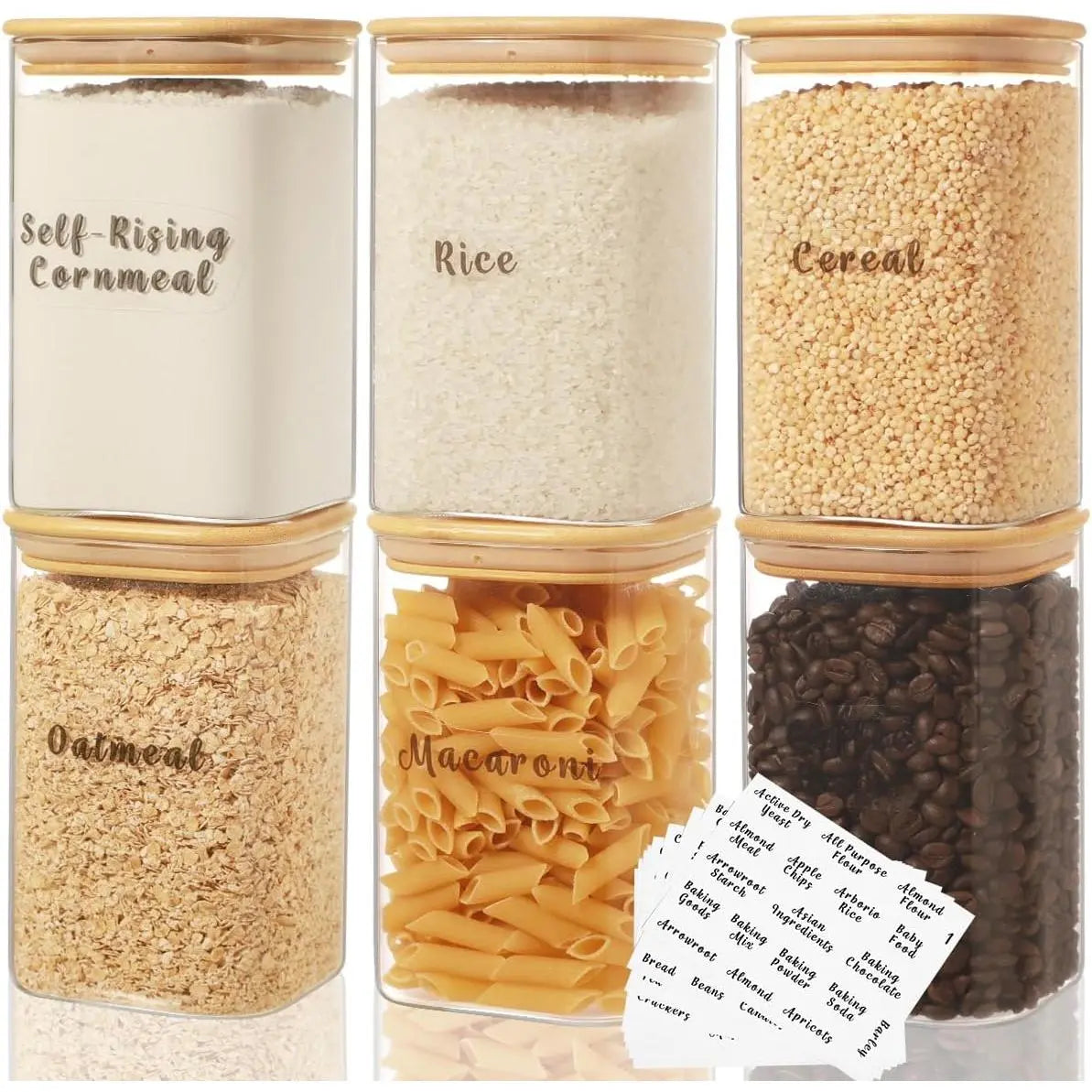 Set of 6 Square Glass Pantry Storage Containers with Airtight Lids and 248 Preprinted Clear Pantry Labels - 37 Oz Thick Glass Jars for Coffee, Cookies, and Sugar