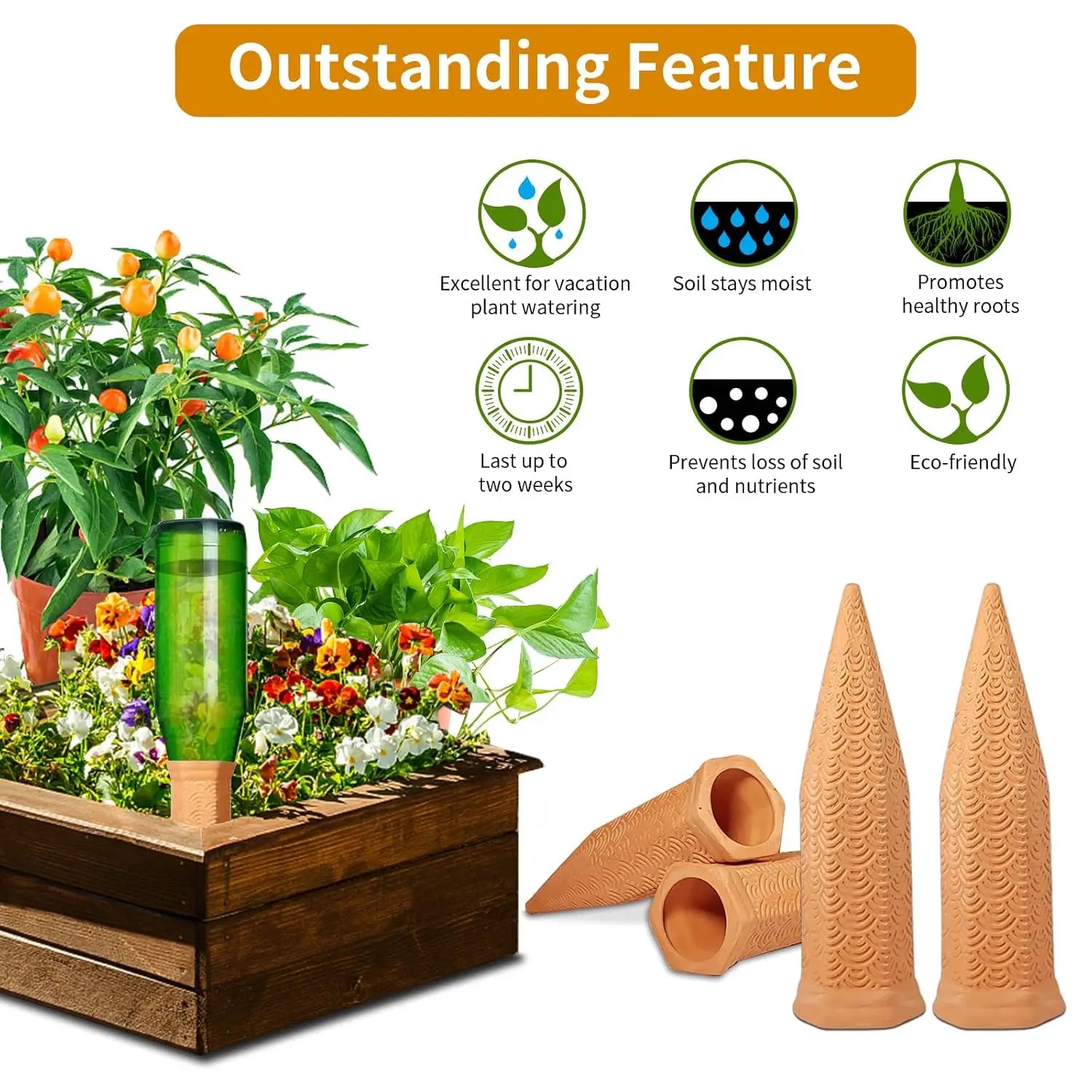 Terracotta Watering Spikes - 12 Pack Automatic Self-Watering Device for Indoor and Outdoor Use During Vacations