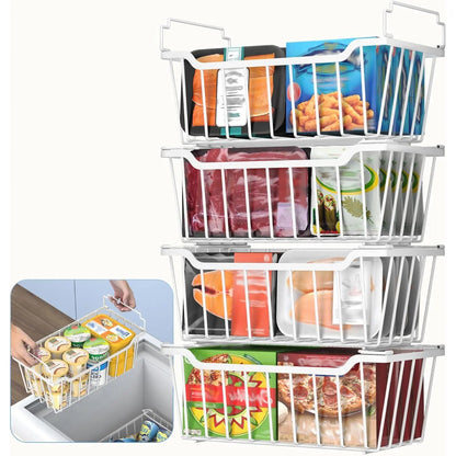 VANCASTLE Stackable Freezer Organizer Bins with Foldable Handles for Efficient Storage in 3.5-7 Cu.Ft Deep Chest Freezers, Coated Metal Design for Enhanced Space Utilization