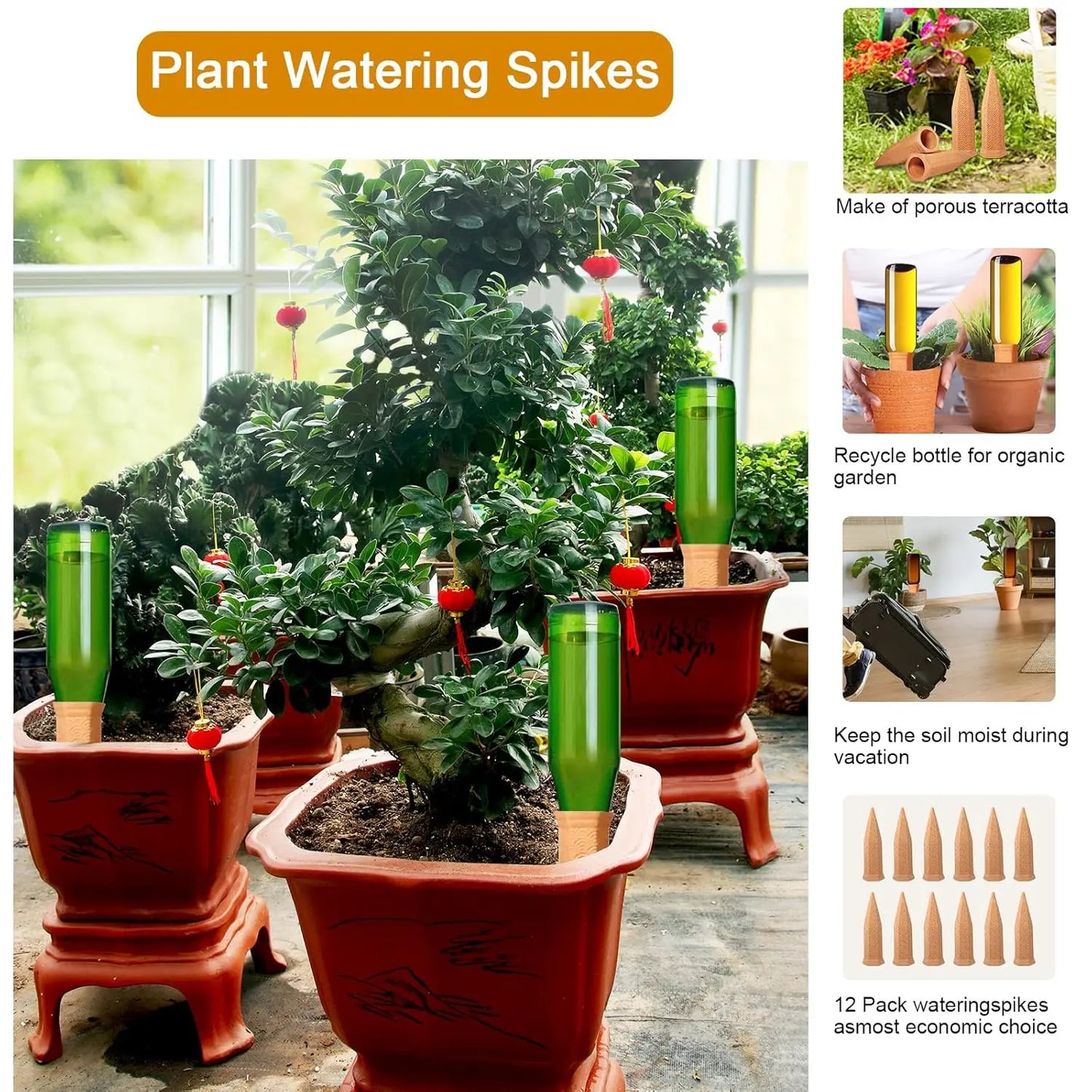 Terracotta Watering Spikes - 12 Pack Automatic Self-Watering Device for Indoor and Outdoor Use During Vacations