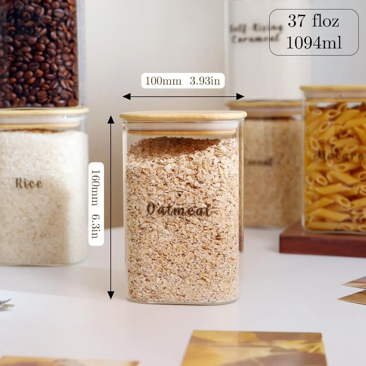Set of 6 Square Glass Pantry Storage Containers with Airtight Lids and 248 Preprinted Clear Pantry Labels - 37 Oz Thick Glass Jars for Coffee, Cookies, and Sugar