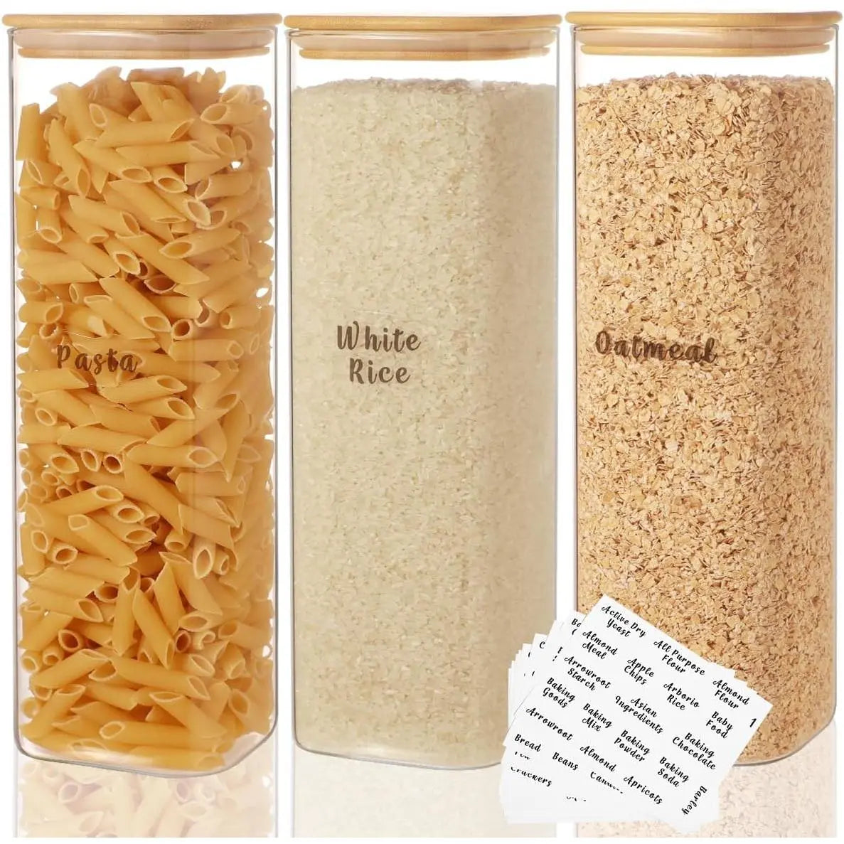 Set of 6 Square Glass Pantry Storage Containers with Airtight Lids and 248 Preprinted Clear Pantry Labels - 37 Oz Thick Glass Jars for Coffee, Cookies, and Sugar