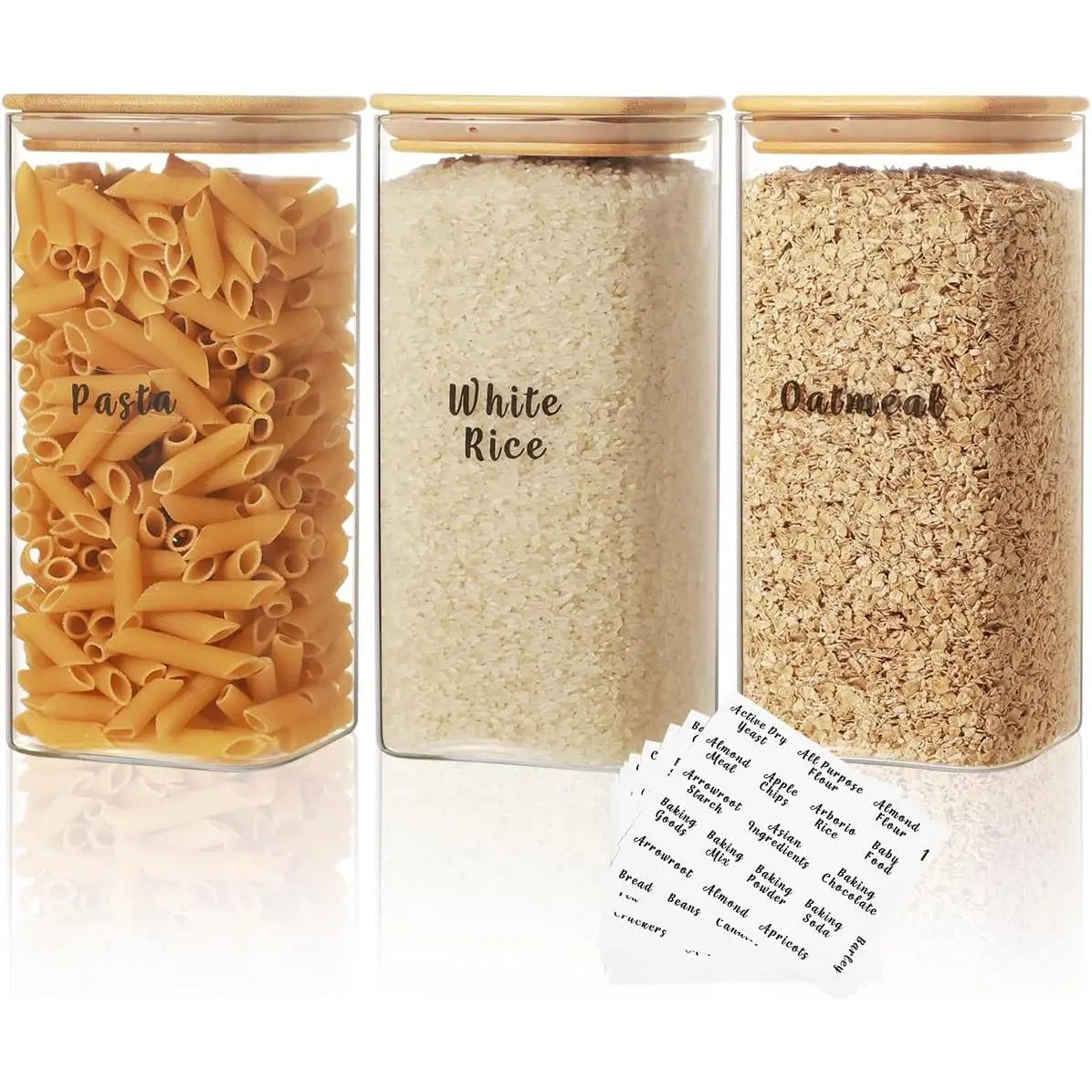 Set of 6 Square Glass Pantry Storage Containers with Airtight Lids and 248 Preprinted Clear Pantry Labels - 37 Oz Thick Glass Jars for Coffee, Cookies, and Sugar