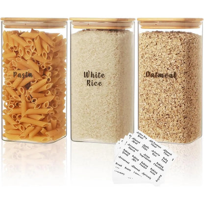 Set of 6 Square Glass Pantry Storage Containers with Airtight Lids and 248 Preprinted Clear Pantry Labels - 37 Oz Thick Glass Jars for Coffee, Cookies, and Sugar