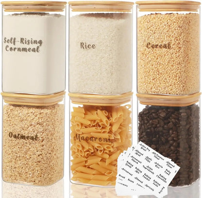 Set of 6 Square Glass Pantry Storage Containers with Airtight Lids and 248 Preprinted Clear Pantry Labels - 37 Oz Thick Glass Jars for Coffee, Cookies, and Sugar