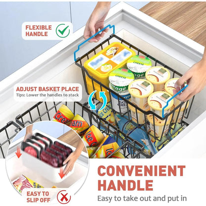 VANCASTLE Stackable Freezer Organizer Bins with Foldable Handles for Efficient Storage in 3.5-7 Cu.Ft Deep Chest Freezers, Coated Metal Design for Enhanced Space Utilization