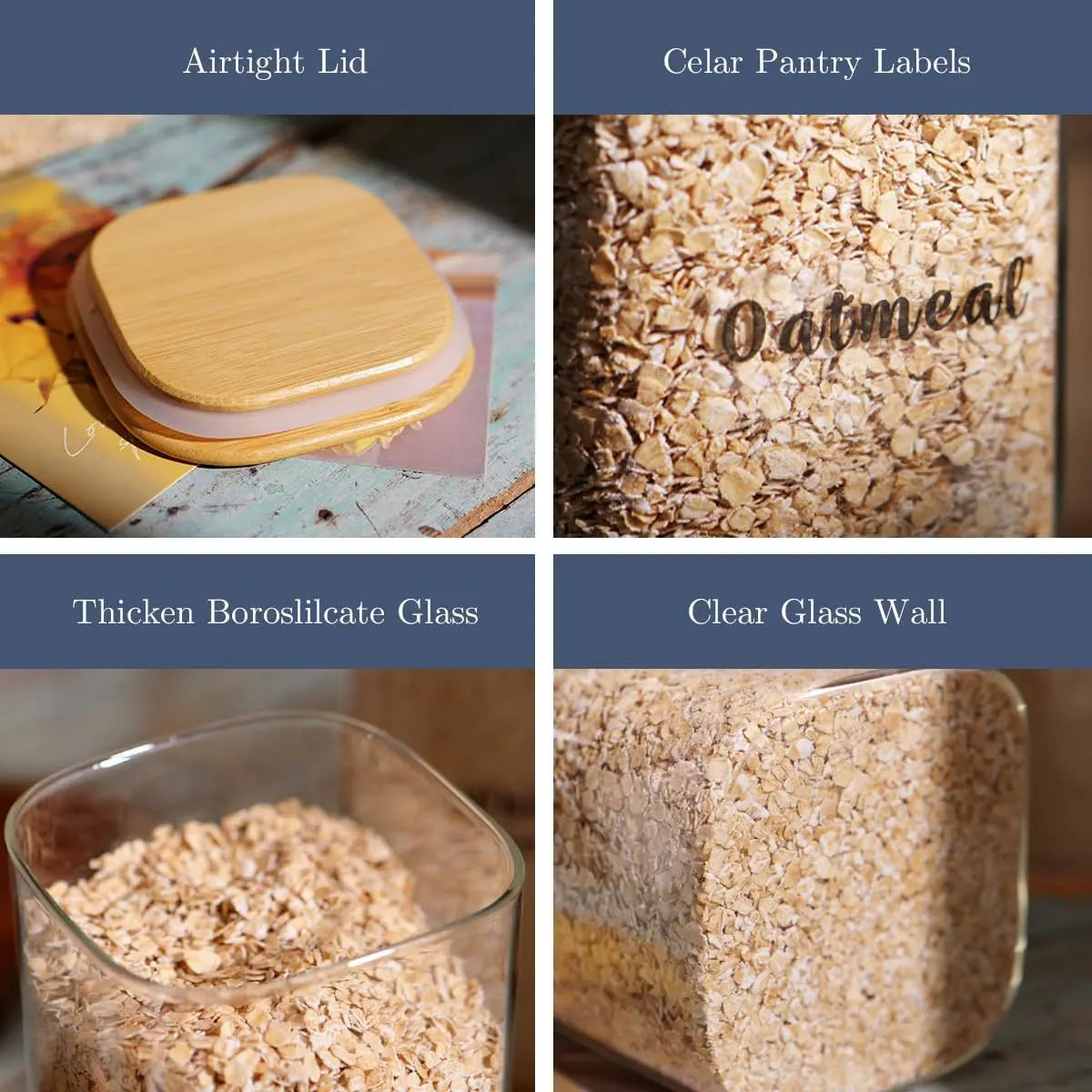 Set of 6 Square Glass Pantry Storage Containers with Airtight Lids and 248 Preprinted Clear Pantry Labels - 37 Oz Thick Glass Jars for Coffee, Cookies, and Sugar