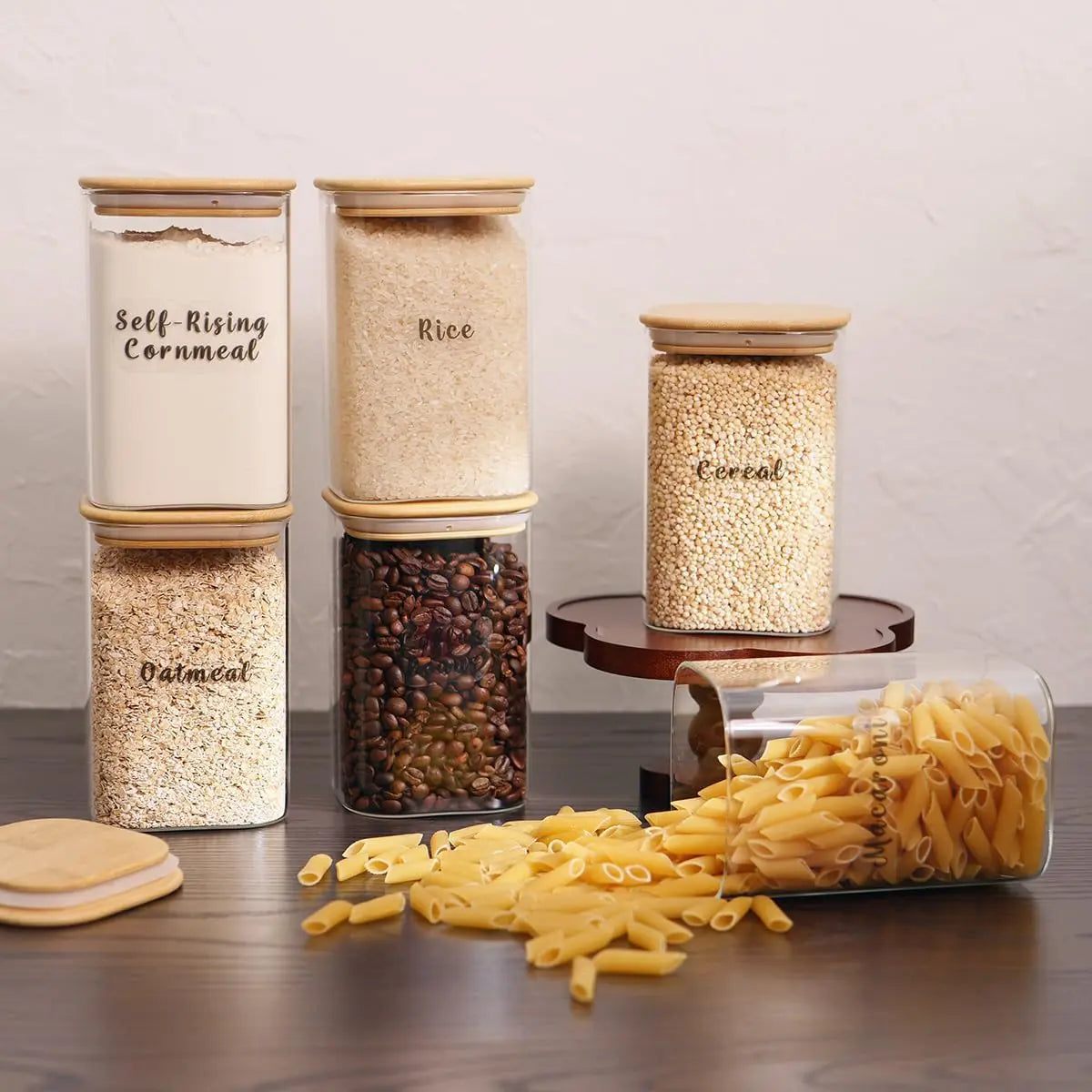 Set of 6 Square Glass Pantry Storage Containers with Airtight Lids and 248 Preprinted Clear Pantry Labels - 37 Oz Thick Glass Jars for Coffee, Cookies, and Sugar