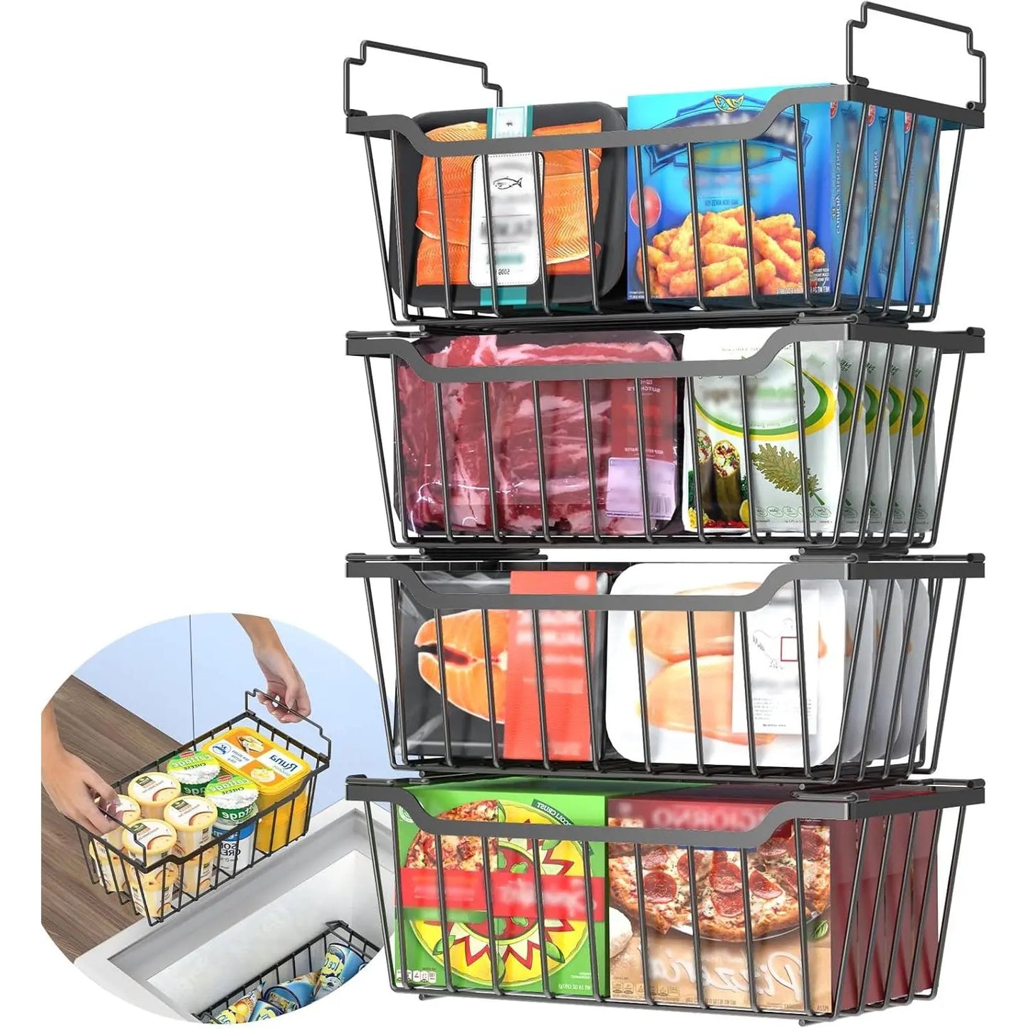VANCASTLE Stackable Freezer Organizer Bins with Foldable Handles for Efficient Storage in 3.5-7 Cu.Ft Deep Chest Freezers, Coated Metal Design for Enhanced Space Utilization