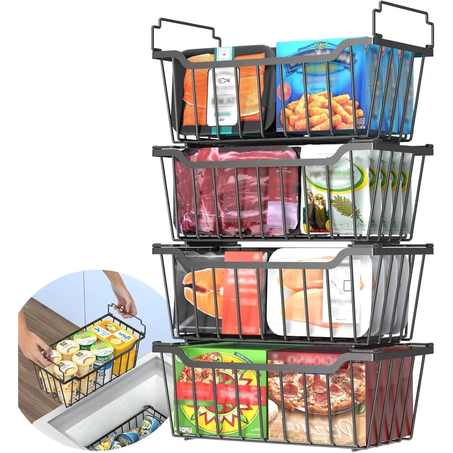 VANCASTLE Stackable Freezer Organizer Bins with Foldable Handles for Efficient Storage in 3.5-7 Cu.Ft Deep Chest Freezers, Coated Metal Design for Enhanced Space Utilization