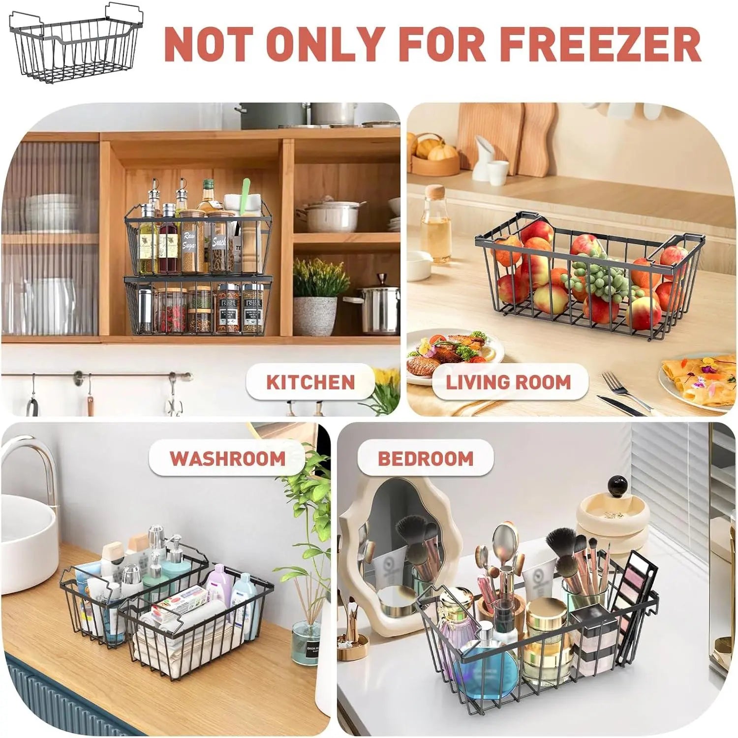 VANCASTLE Stackable Freezer Organizer Bins with Foldable Handles for Efficient Storage in 3.5-7 Cu.Ft Deep Chest Freezers, Coated Metal Design for Enhanced Space Utilization