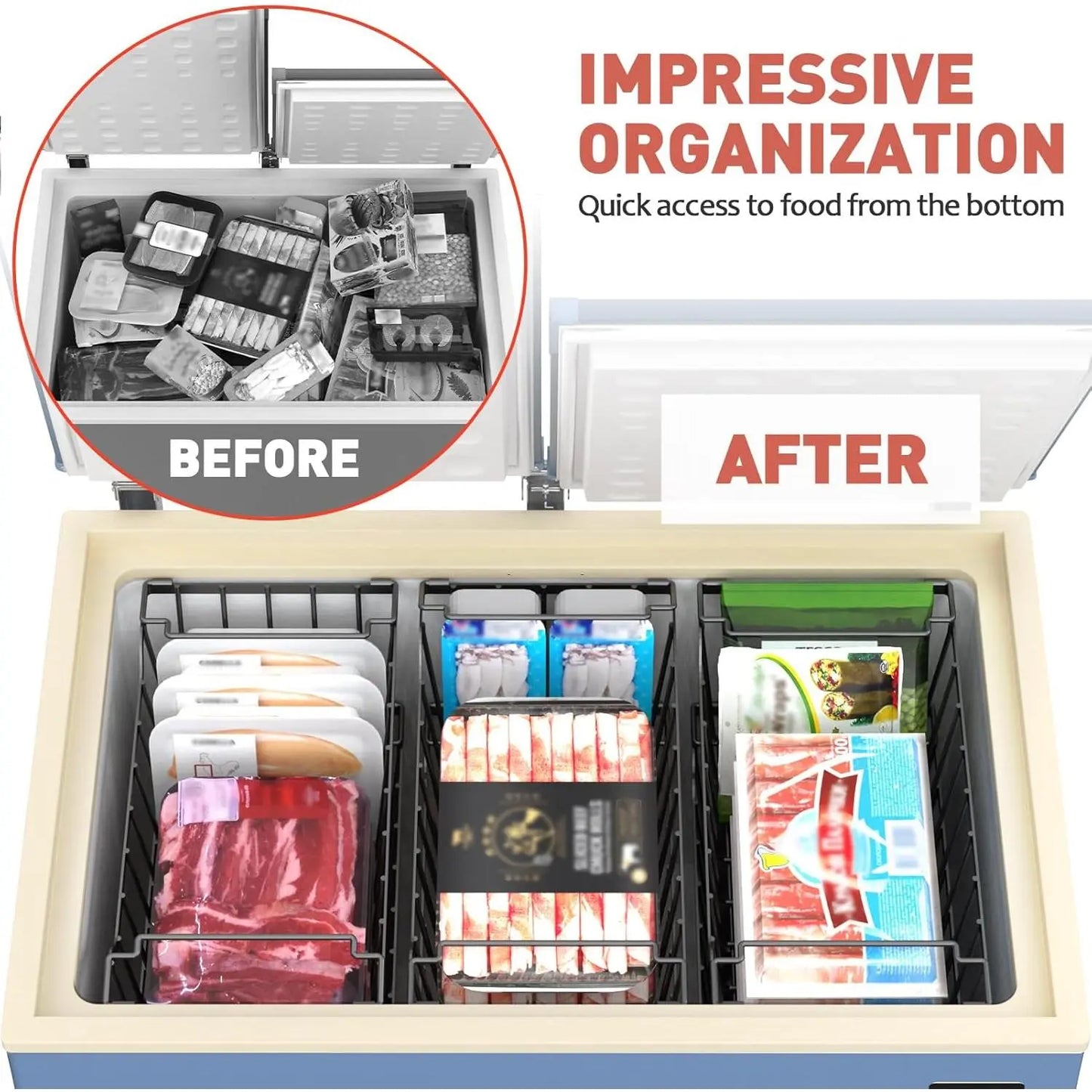 VANCASTLE Stackable Freezer Organizer Bins with Foldable Handles for Efficient Storage in 3.5-7 Cu.Ft Deep Chest Freezers, Coated Metal Design for Enhanced Space Utilization