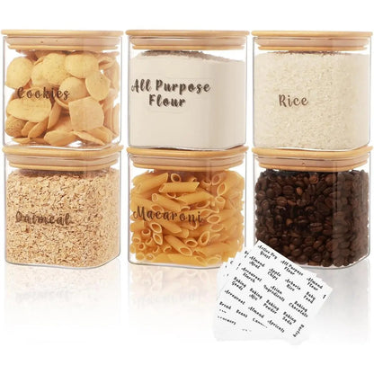 Set of 6 Square Glass Pantry Storage Containers with Airtight Lids and 248 Preprinted Clear Pantry Labels - 37 Oz Thick Glass Jars for Coffee, Cookies, and Sugar