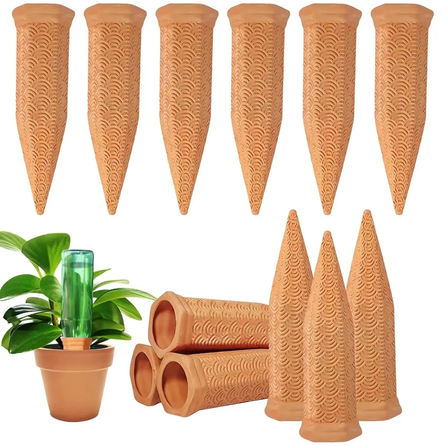 Terracotta Watering Spikes - 12 Pack Automatic Self-Watering Device for Indoor and Outdoor Use During Vacations